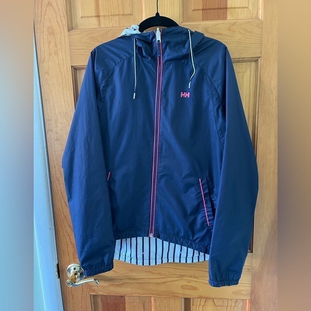 Helly Hansen Navy Windbreaker Women’s Size XS Hooded Zip Striped Lining